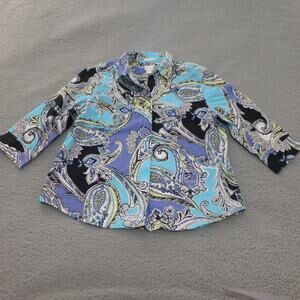 Chicos Shirt Womens 2 Blouse Button Up Blue Paisley 3/4 Sleeve Collared